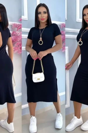 vestido midi  liso e estampados com fenda lateral e com bolso tecido viscolaica,tamanho único g,veste do 40 ao 44