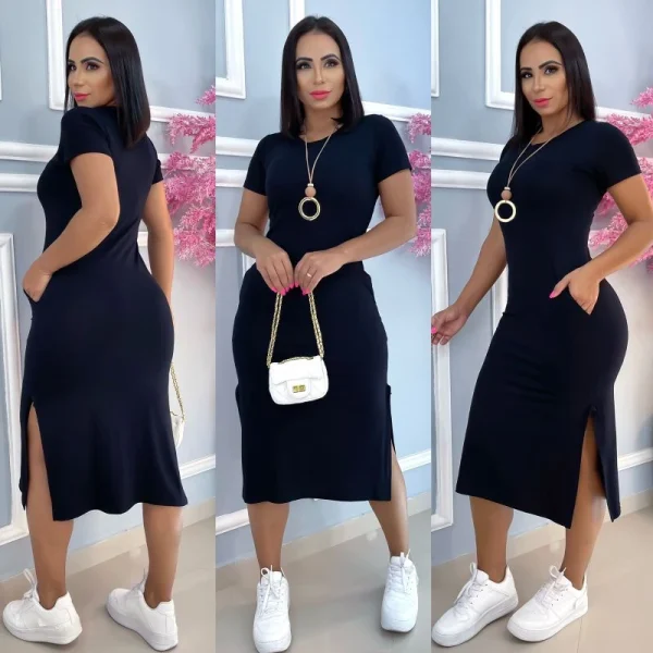 vestido midi  liso e estampados com fenda lateral e com bolso tecido viscolaica,tamanho único g,veste do 40 ao 44