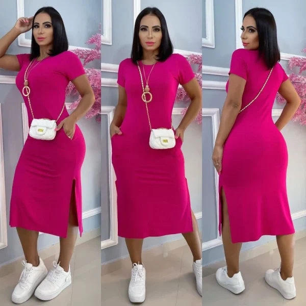 vestido midi  liso e estampados com fenda lateral e com bolso tecido viscolaica,tamanho único g,veste do 40 ao 44 - Imagem 4