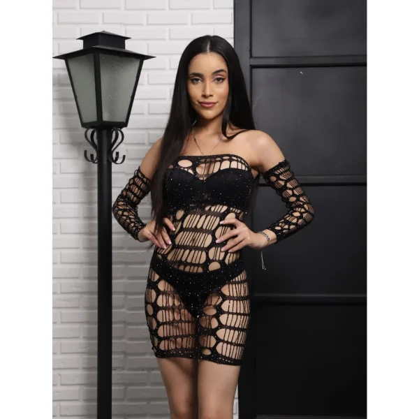 Vestido com manga Meia Arrastão Strass  Sensual De Corpo Brilho - Imagem 4