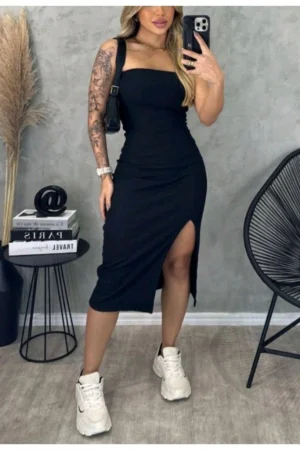 Vestido Tomara que Caia Canelado Midi com Fenda - Elegância e Ousadia