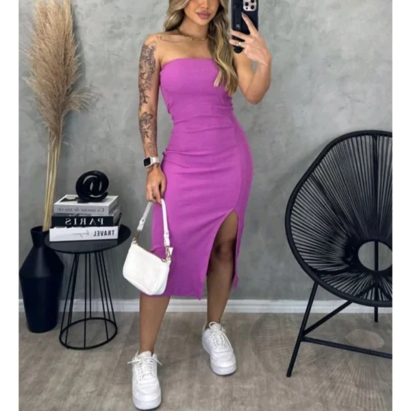 Vestido Tomara que Caia Canelado Midi com Fenda - Elegância e Ousadia - Imagem 3