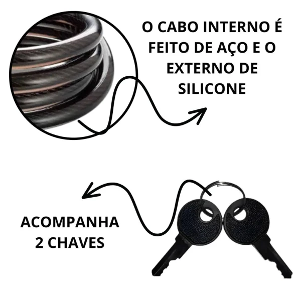 Trava Cabo De Aço 10mm Cadeado Segurança 90 centímetros Bike Moto Espiral Anti-Roubo - Imagem 3