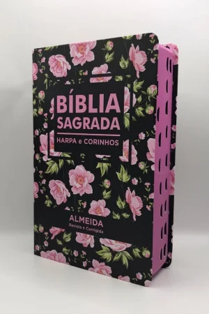 Bíblia Sagrada Tamanho Médio 12,5x19 cm Com Harpa palavras de Jesus em vermelho Flores Rosa