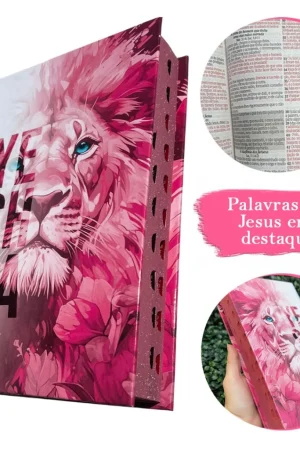 Bíblia Sagrada Feminina Leão Yeshua Rosa Capa Dura Com Harpa e Índice LETRA MÉDIA Versão ARC Jovem