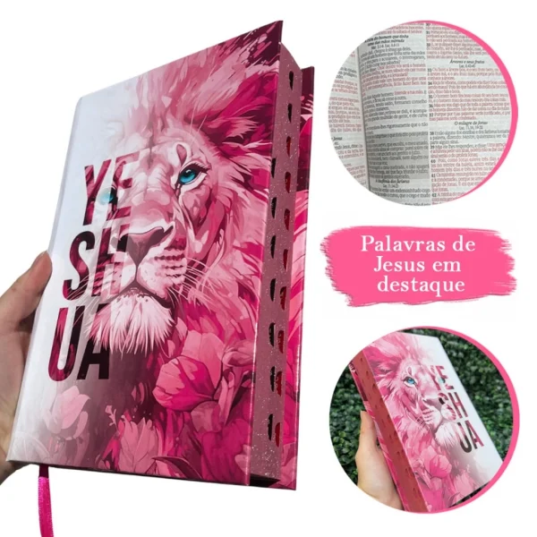 Bíblia Sagrada Feminina Leão Yeshua Rosa Capa Dura Com Harpa e Índice LETRA MÉDIA Versão ARC Jovem