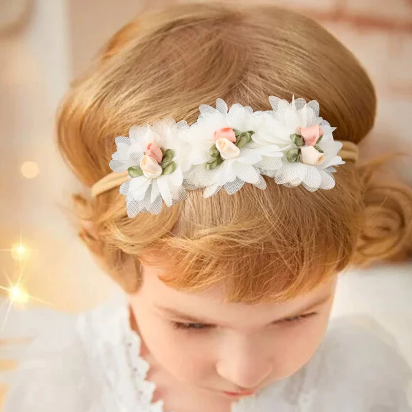 [2Pcs/set Baby Girl Lace Flower Headbands Nylon Soft Stretch Hairband Sweet Princess Headwear - Imagem 3