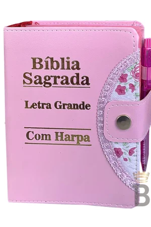 Bíblia Sagrada Letra Grande - Rosa - Botão e Caneta Revista e Corrigida C/ Harpa