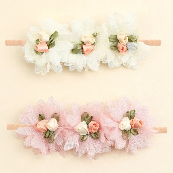 [2Pcs/set Baby Girl Lace Flower Headbands Nylon Soft Stretch Hairband Sweet Princess Headwear - Imagem 2